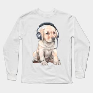 Watercolor Labrador Retriever Dog with Headphones Long Sleeve T-Shirt